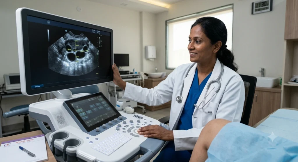 Doctor monitoring follicle growth during IVF ovarian stimulation with ultrasound