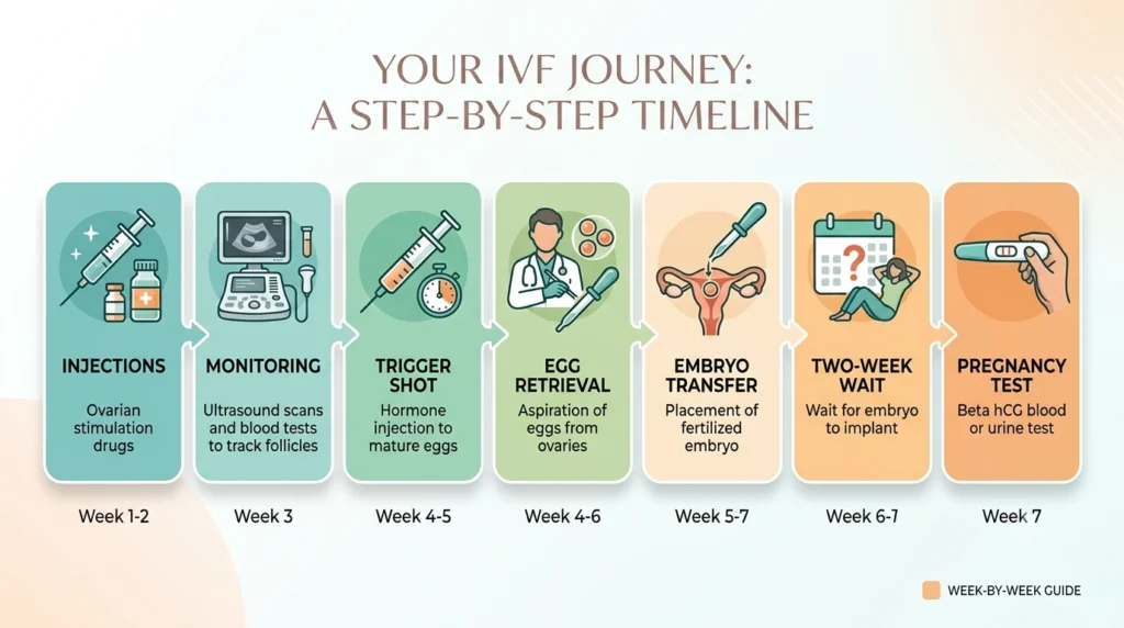 Infographic showing IVF timeline week by week from injections to pregnancy test